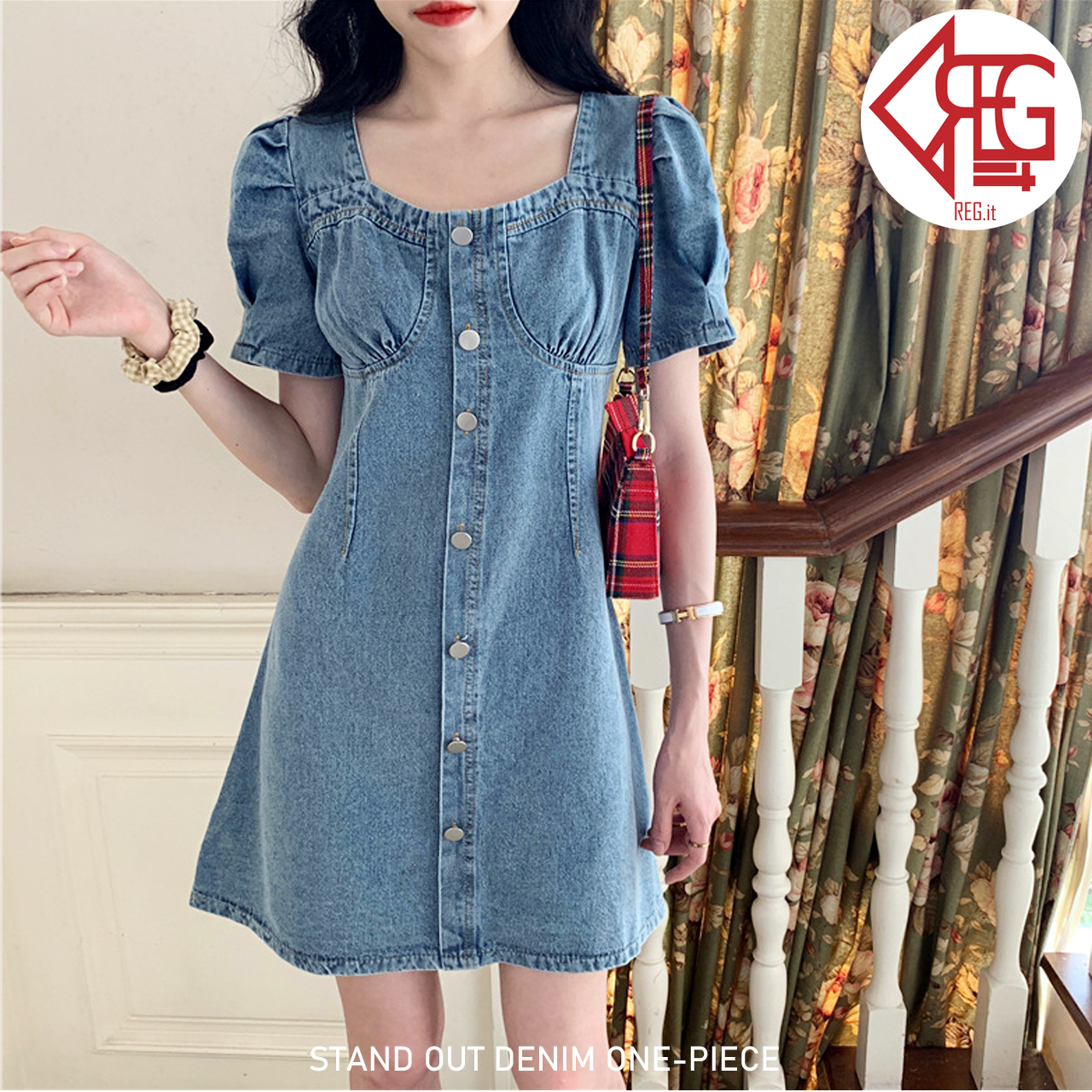 Regit Stand Out Denim One Piece S S 韓国ファッション トップス ワンピース デニム 古着風 ヴィンテージ ひざ上 ショート丈 夏 10代 代 プチプラ 着回し 着映え ネット通販 Taj003 Regit