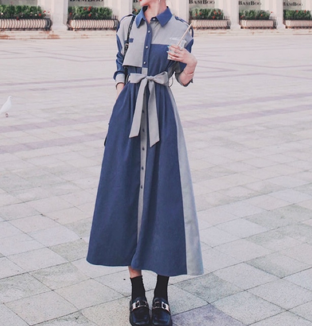 ヴィンテージパッチワークロングワンピース ブルー Dolly Clock