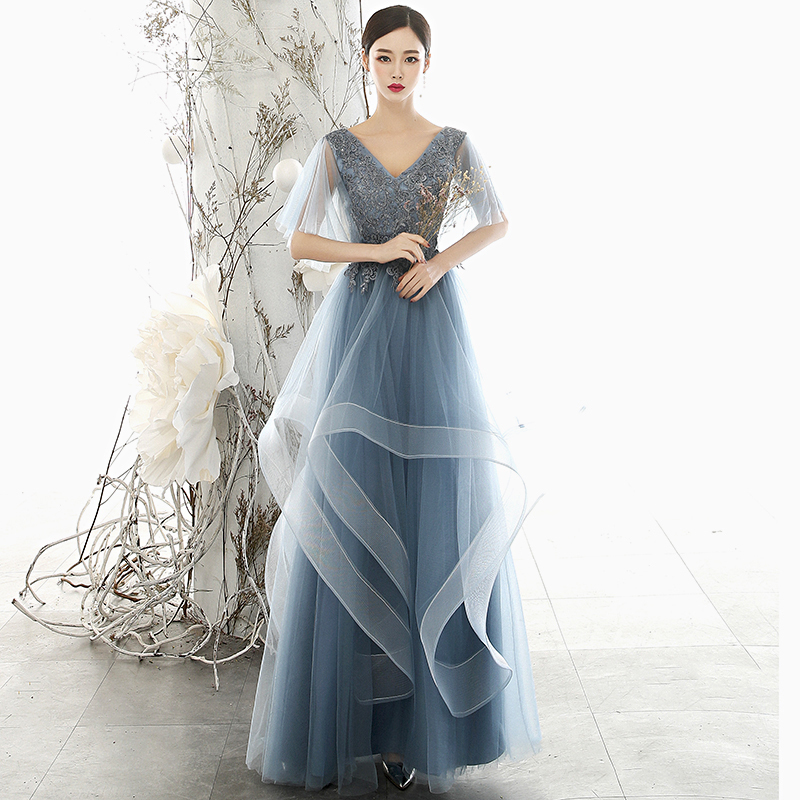 パーティードレス ロング丈ワンピース 成人式 女子会 二次会 お呼ばれドレス 発表会 お呼ばれ エレガント フェアリー 大きいサイズ Xs S M L Ll 3l Vネック チュール ブルーグレー フェアリー Elegant