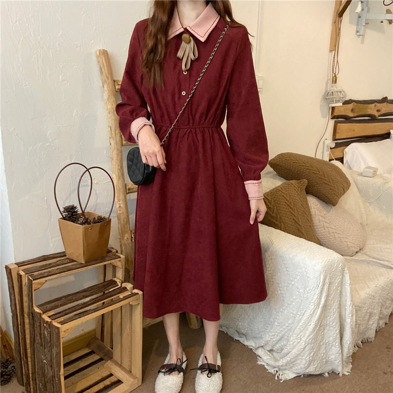 春秋 レディース 薄いドレス フランス風のレトロなワンピース ワインレッド ライムイエロー わたしのお洋服
