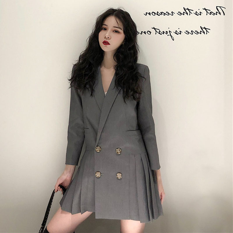 アウター ジャケット 切り替え プリーツ 七分袖 ロングジャケット グレー ブラック 春 Ol 学生 10代 代 30代 レトロ シンプル ミニワンピース Db0229 Dbstyle 海外アパレル 韓国ファッション