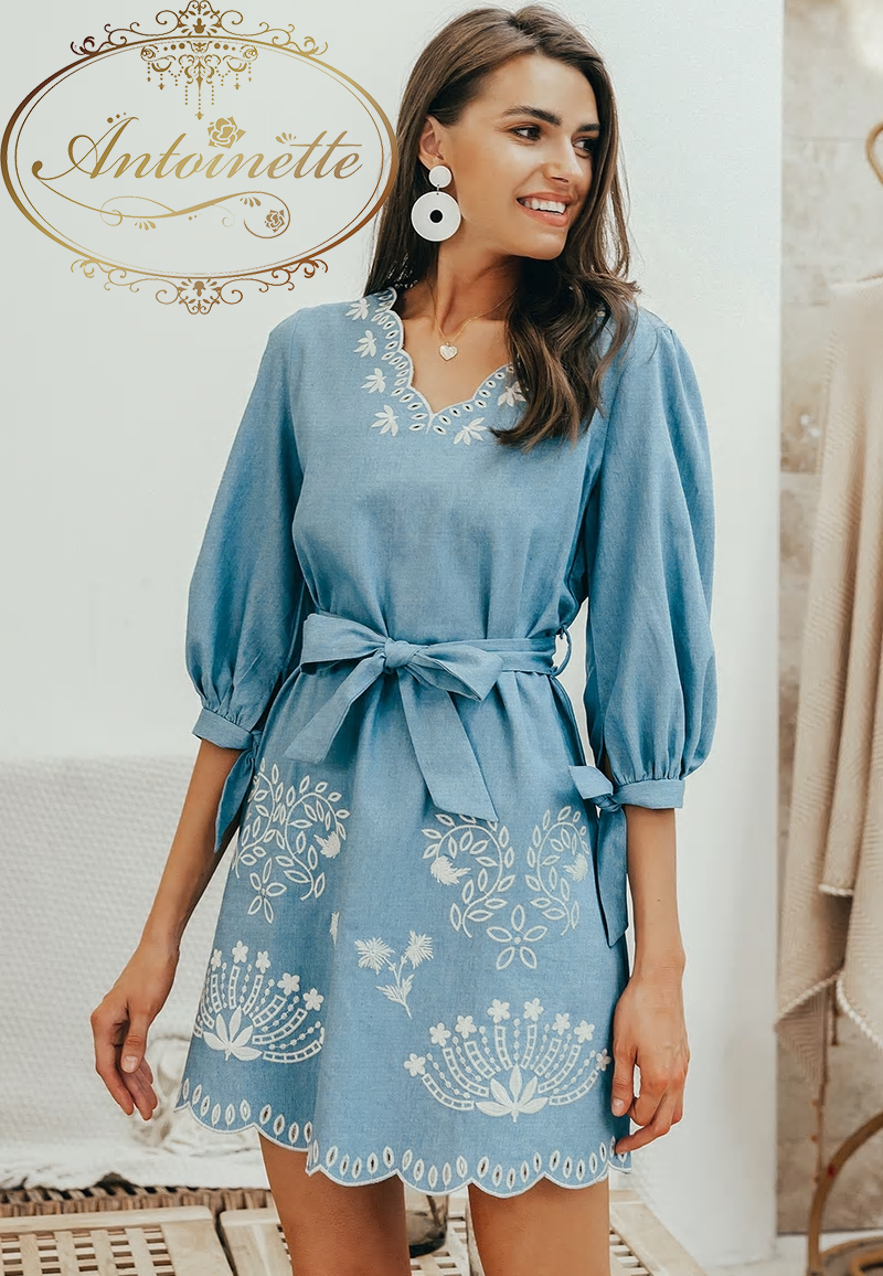 レディース 柄 デニム 風 リゾート 海辺 ワンピース ミニドレス 南国 オーガンジー ワンピ サマードレス Antoinette