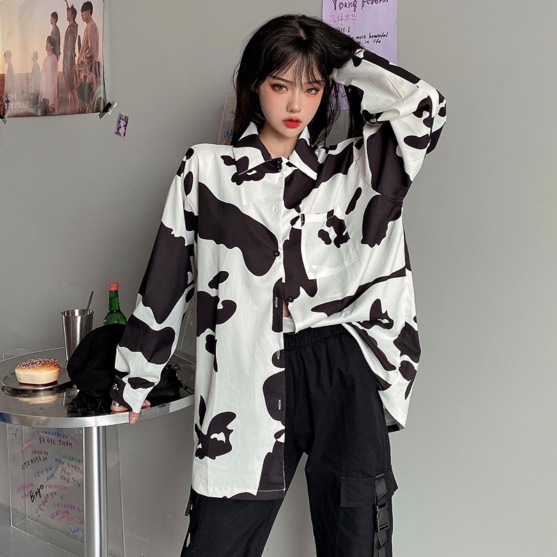 トップス シャツ 牛柄 ファッション 長袖 大人気 プリント ホワイト ブラック フリー Modocat