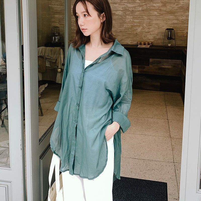 大人カジュアル レディース シャツ ブラウス オフィス トップス 長袖シャツ コットン リネン ロングシャツ サイド スリット 無地 白 緑 クリーム ダークピンク シンプル シック おしゃれ カラーバリエーション 透け感 シースルー セクシー 男ウケ デート服 モテ 韓国