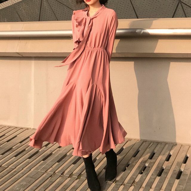 レディース プリーツフリルレースシフォンワンピース ボウタイ アシンメトリー 春 French Retro Waist Long Sleeve Pleated Ruffle Lace Chiffon Dress Dct Value Rave Notice バリューレイヴノーティス 韓国ファッションやハワイアンジュエリー