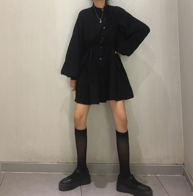 送料無料 おしゃれな モード系 シンプル ボリューム袖 シャーリング シャツ ワンピ ミニ ワンピース Lamitte Deco トレンド 韓国ファッション ショップ