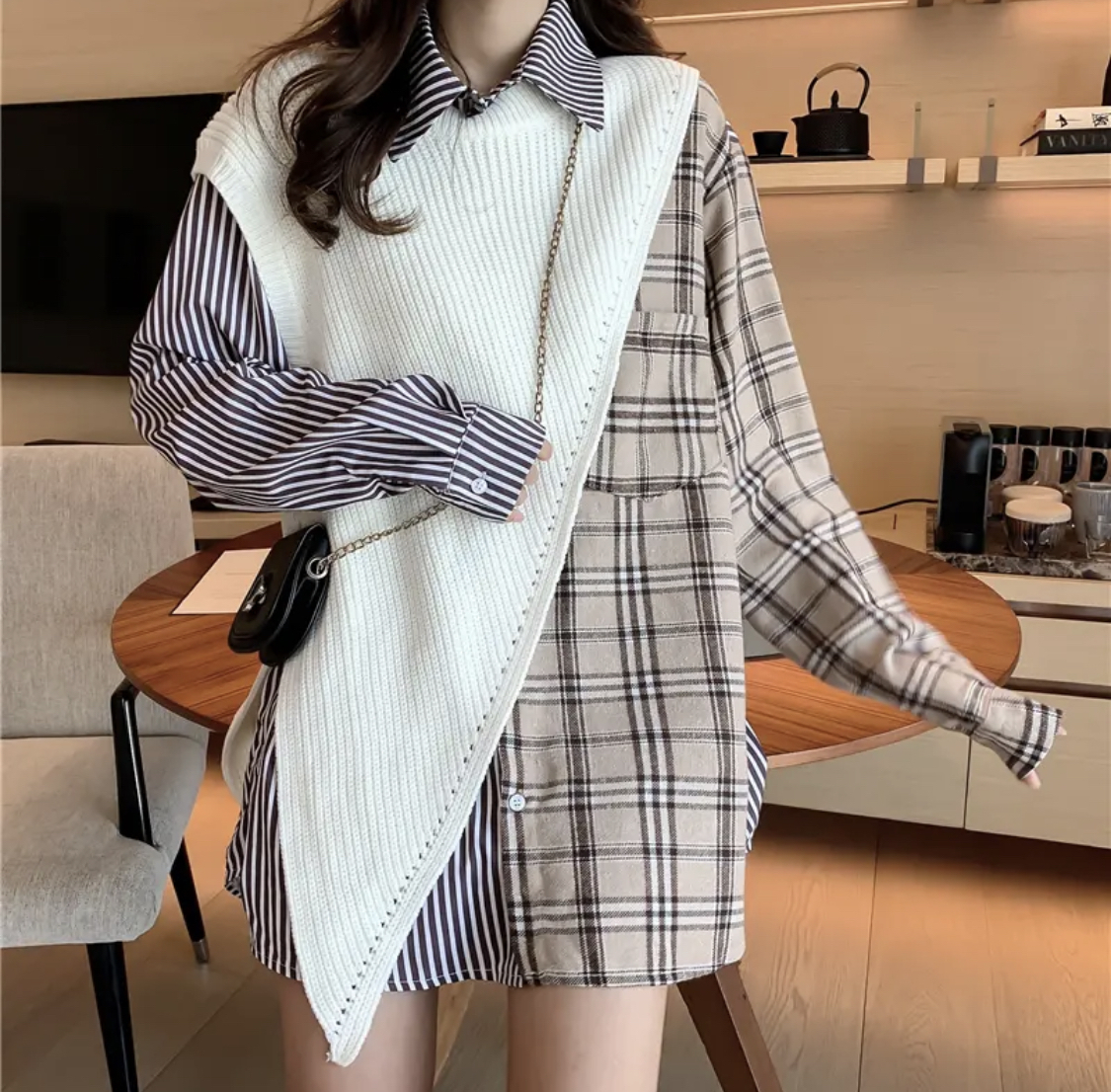 韓国レディースファッション 6315 2点セット アシンメトリー ニット ストライプ チェック柄 ビッグシャツ 送料無料 流行オルチャン ファッション 人気のプチプラ韓国レディースファッション新作通販 Aliceholly