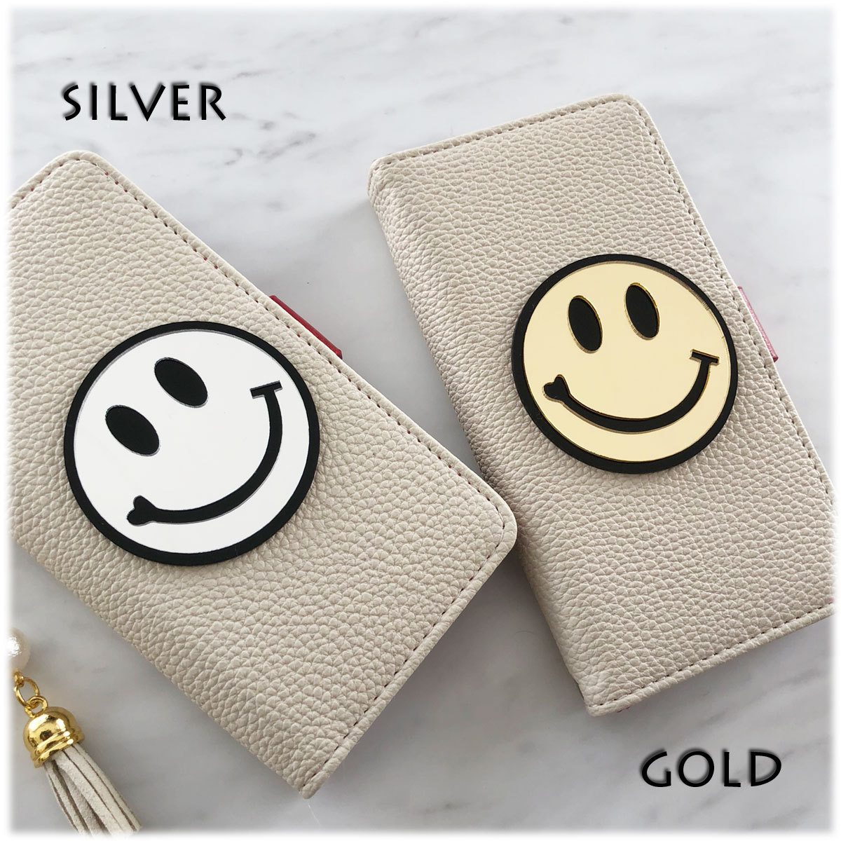 全機種対応 アイボリー スマイルスマホケース ニコちゃん 手帳型アイフォンケース Iphonex対応 オリジナルスマホケース Amelie Handmade