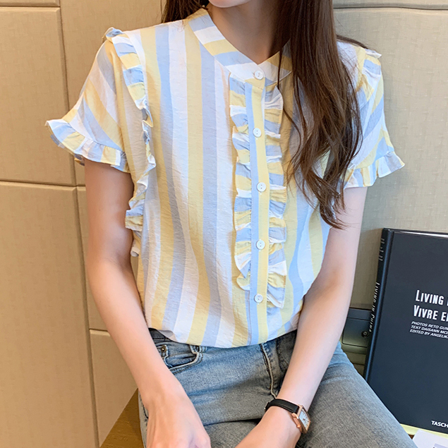 ゆうパケット対応 ノーカラーブラウス ストライプシャツ トップス シャツトップス 半袖 かわいい 人気 レディース 安い 韓国ファッション 6970 Sinsakumall