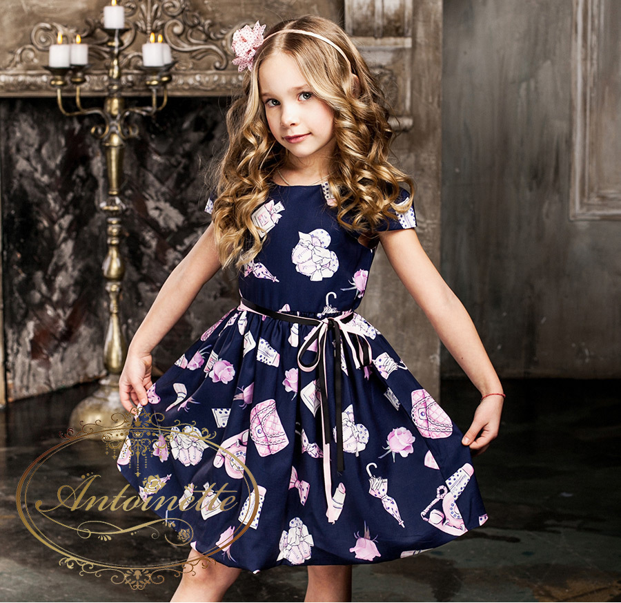 年末一掃セール1サイズ 1 ネイビー メイク 電話 花柄 こども 子供服 キッズ ワンピース ワンピ Anbo345 Antoinette