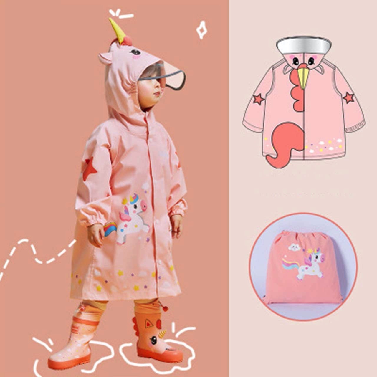 キッズ レインコート キャラクター 恐竜 ヒヨコ ユニコーン コアラ カッパ ポンチョ 子供用 収納ポーチ付き Sno