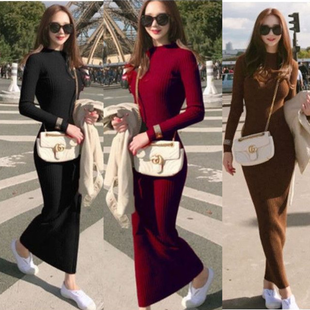 ニットワンピース レディース ワンピース ロングワンピース タイト スリム ハイネック リブニット 長袖 無地 Happy Toon