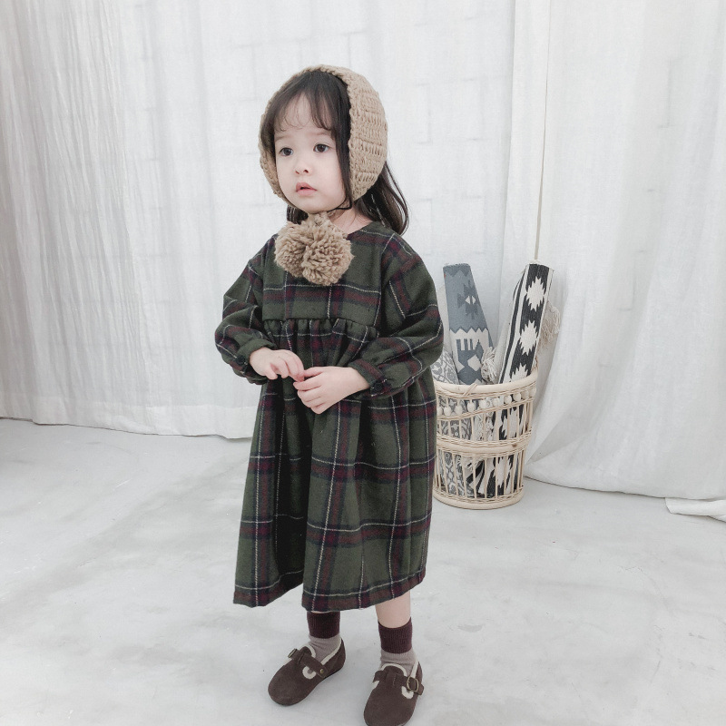 送料無料 2色 グリーン 緑 女の子 ワンピース チェック 格子柄 ブラックウォッチ 子供 キッズ ベビー 長袖 秋冬 1歳 2歳 3歳 4歳 5歳 La Preference