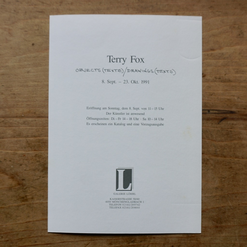 インヴィテーションカード テリー フォックス Terry Fox 1991 Objects Texts Drawings Text Galerie Lohrl Telescopeart Art美術古書店