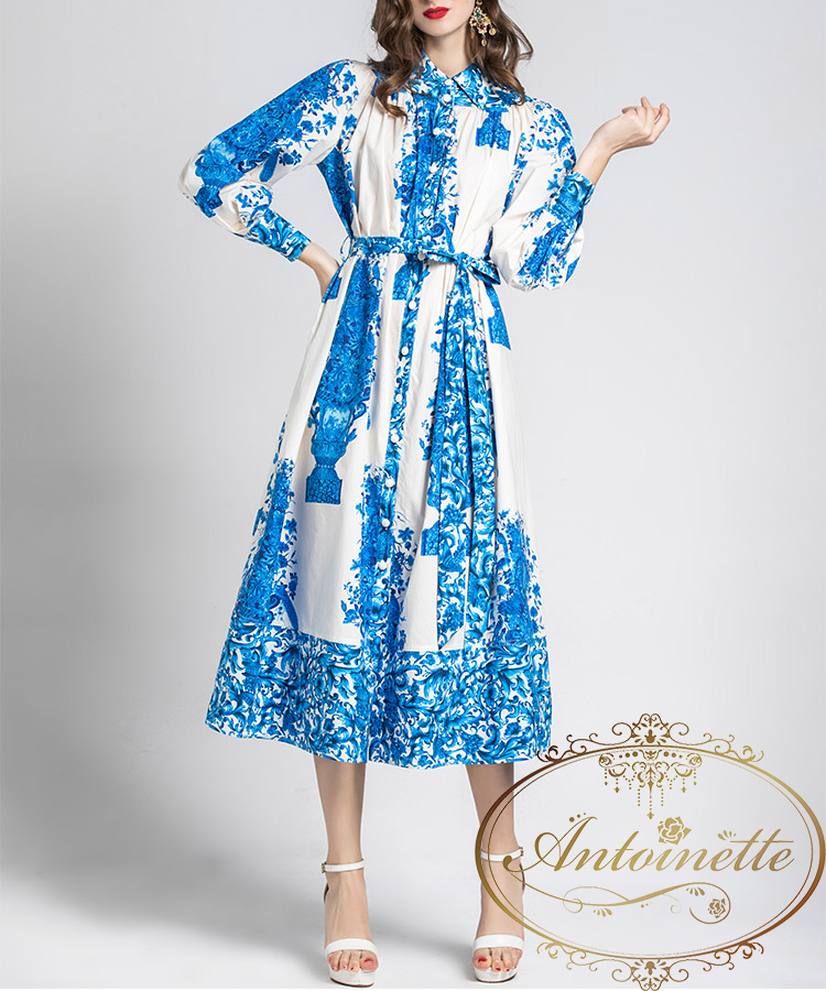 ブルー 爽やか ワンピース インポート サントリーニ島 Resort One Piece Blue White Ladies Antoinette