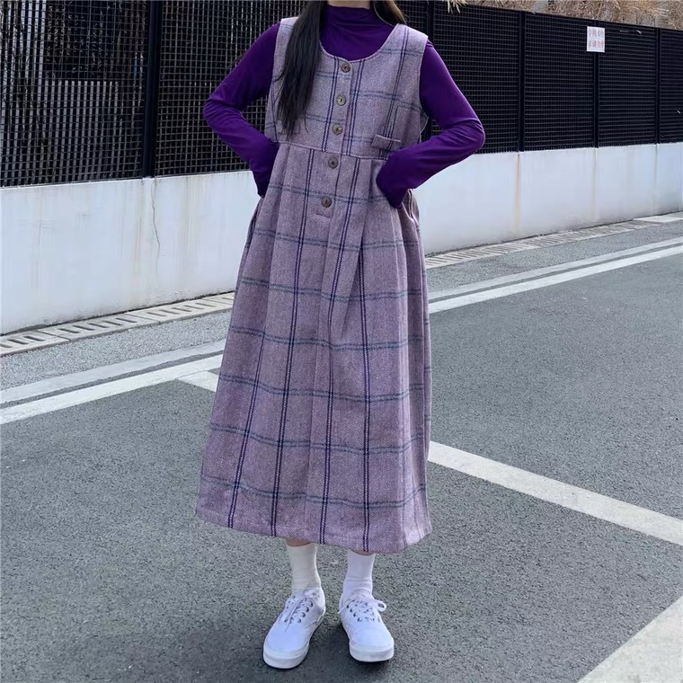 フレンチレトロ パープルチェックワンピース A0744 Retro N