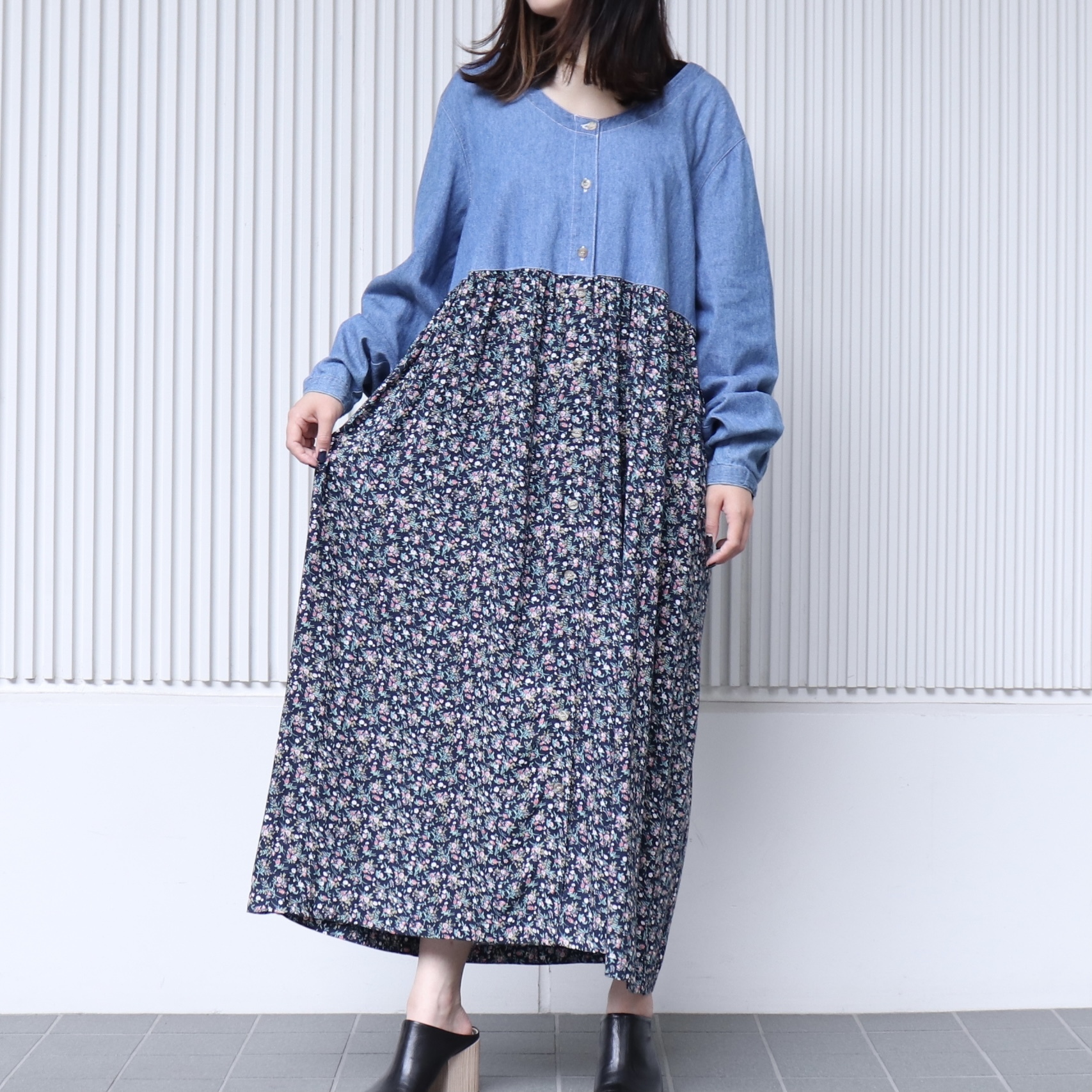 90年代 小花柄 デニム 切り替え 前ボタンワンピース アメリカ 古着 日本l Roger S Ladies ロジャース レディース