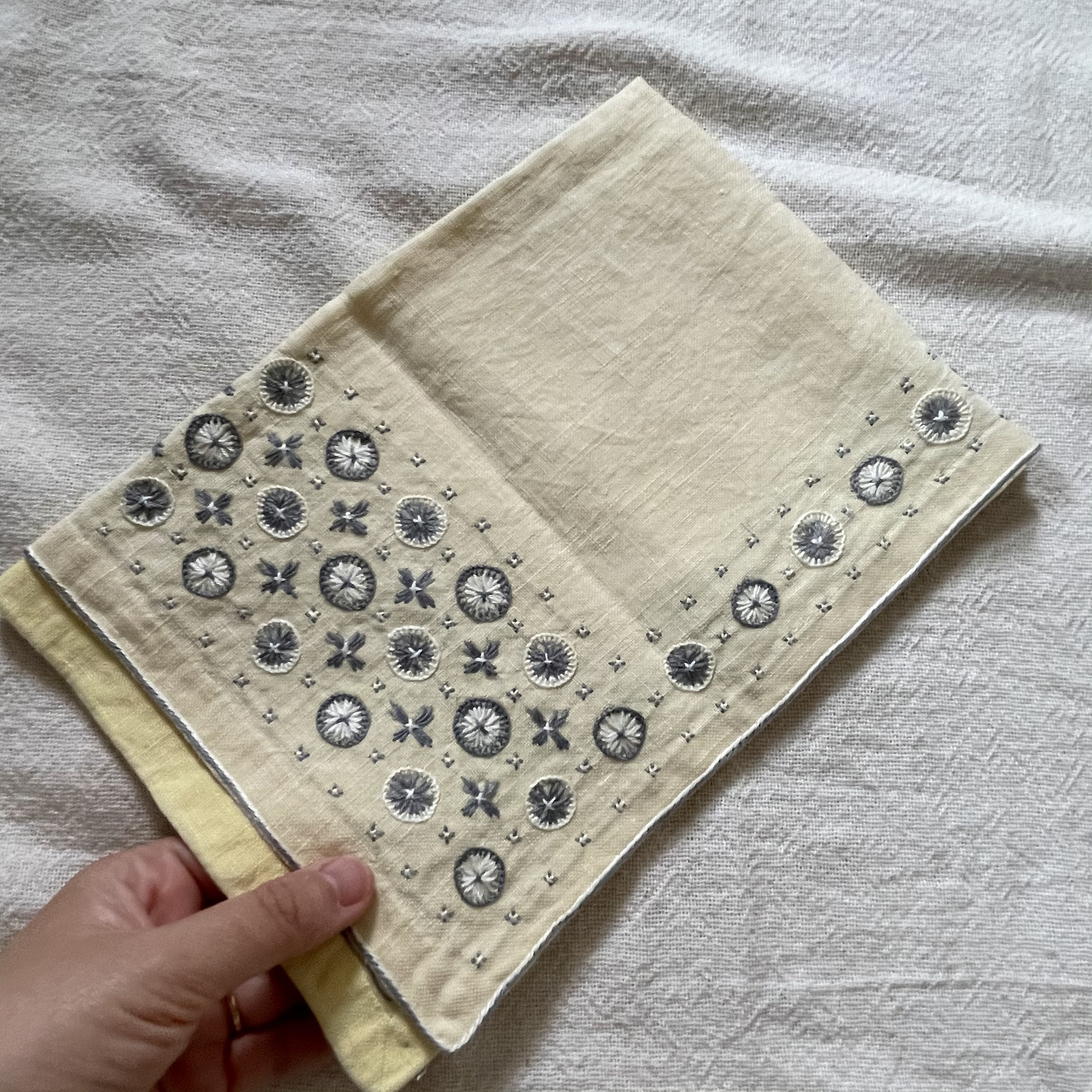 黄色に丸い模様の刺繍布 Tsuitachi Craft Brocante