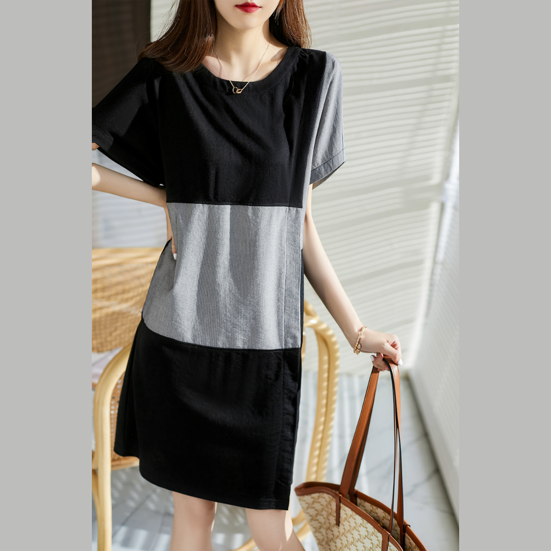 ラウンドネック ゆったりルーズ 綿混膝上丈モノトーンワンピース レディースファッション 雪紡 Chiffon シフォン