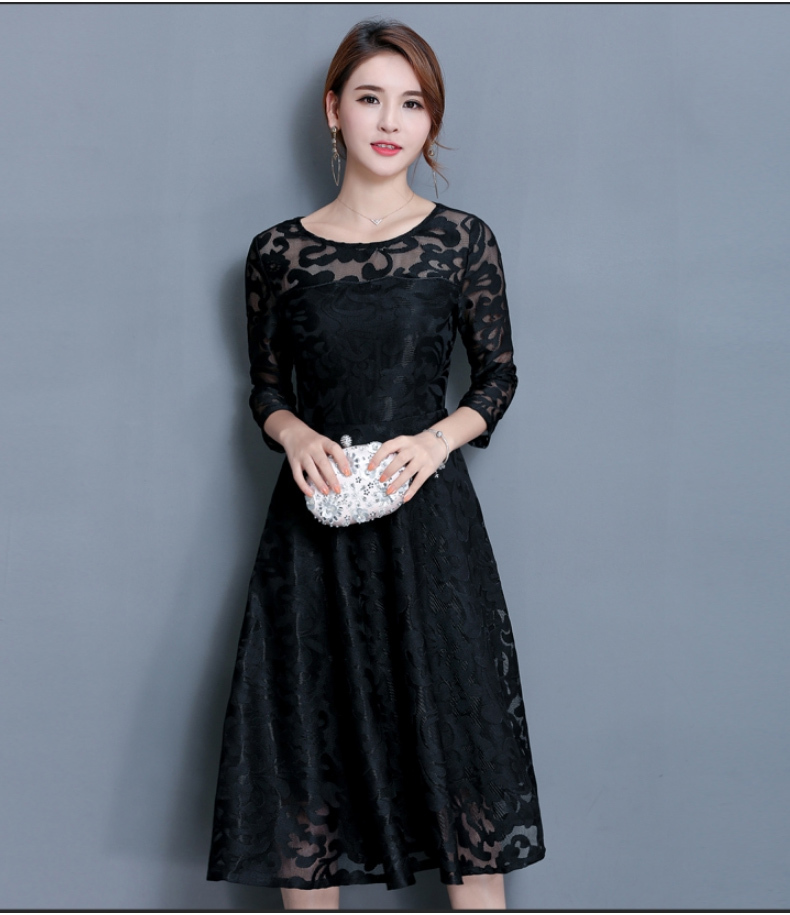 春物新商品 総レースフレアワンピース 総レース ワンピース 結婚式 フレア ミモレ丈 七分袖 ブラック ブルー 赤 レースワンピース 韓国レディース キッズファッション Londonbridge ロンドンブリッジ