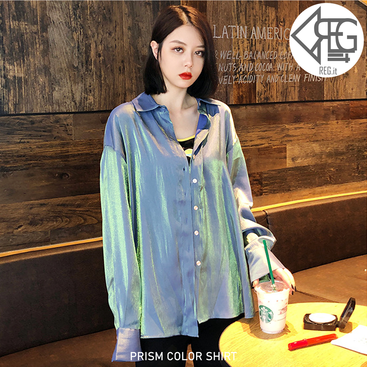 Regit 即納 Prism Color Shirt Blue 韓国ファッション トップス シャツ オーロラ 個性的 長袖 ブラウス 羽織シャツ 10代 代 プチプラ 着回し 着映え ネット通販 Ttb046 Regit