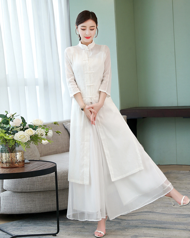チャイナ風服 3点セット セットアップ 上下セット 改良唐装 改良漢服 レトロ 女子会 チュニック ワンピース 九分袖 チャイナボタン ズボン ガウチョパンツ ホワイト 白い 大きいサイズ M L Ll 3l Elegant