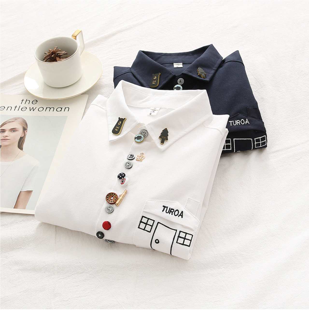 Regit Adornment Button Shirts White 韓国ファッション 森ガール おしゃれ シャツ 白シャツ かわいいシャツ ユニーク 個性的なファッション Regit