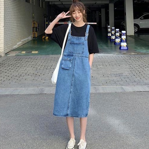 デニムジャンパースカート ワンピース デニム サロペットスカート Iライン ミモレ丈 レイヤード フェミニン きれいめカジュアル カジュアル 夏 春 Op 0765 Y Happy Orurea ハッピーオルレア