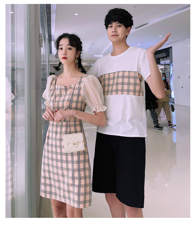 チェック柄 パフスリーブ ワンピース 0938 メンズtシャツ カップル ペアルック リンクコーデ カジュアル お揃い デート 夫婦 親子 カップルのリンクコーデ専門店 Pair Cele ペアセレ
