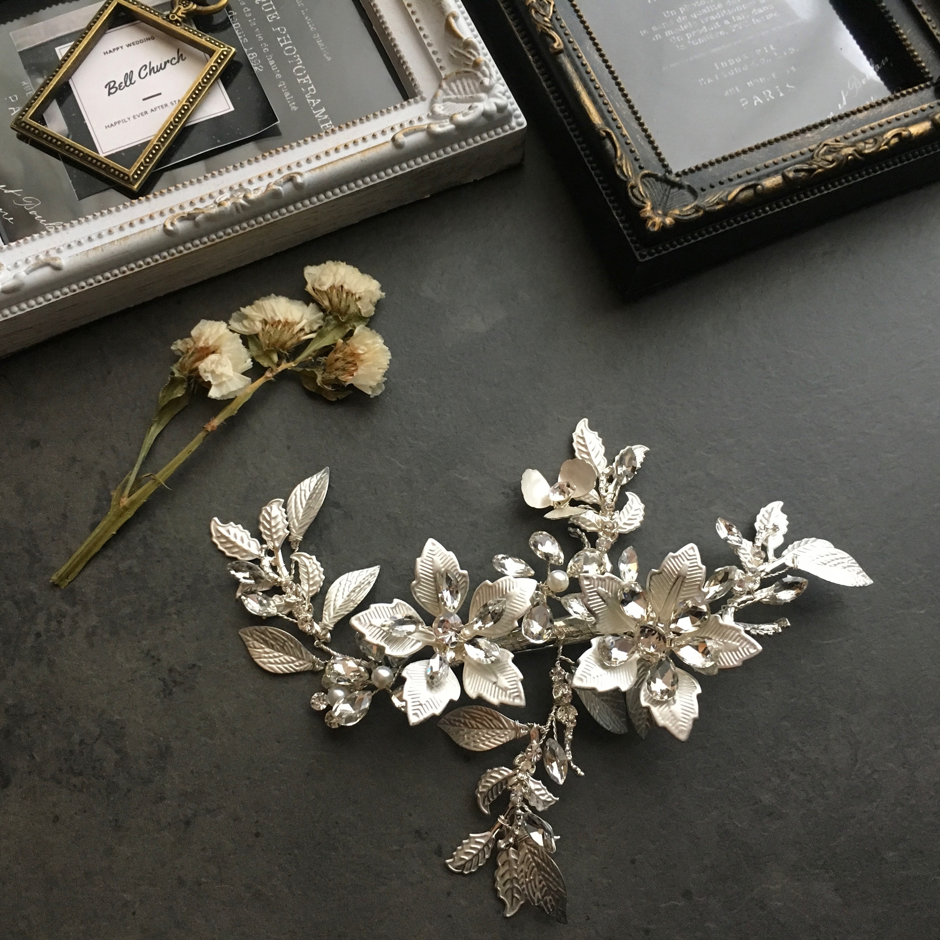 ヘッドドレス お花モチーフ ヘアクリップ シルバー H23 ウェディングアクセサリー ウェディングアクセサリーショップ Bell Church ベルチャーチ