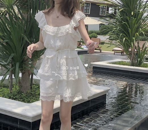 ワンピース リゾート ワンピース ハワイ 沖縄リゾートワンピース ワンピース リゾート 結婚式 ミニ丈 ワンピース フリルレース シフォン Manajily オルチャン 韓国 プチプラレディースファッション