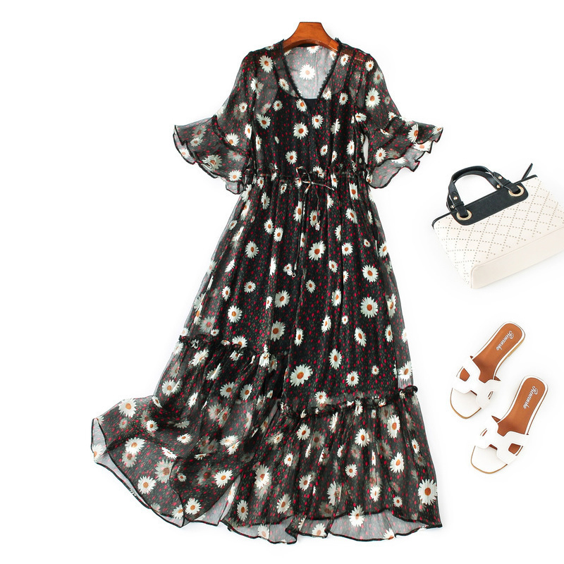 シルク100 高品質 シルクワンピース ドレス レディースファション Vネック 七分袖 ロング丈 花柄 ゆったり エレガント 高品質 高級感ある 女子会 結婚式 普段着 M L Ll ブラック 黒い Elegant