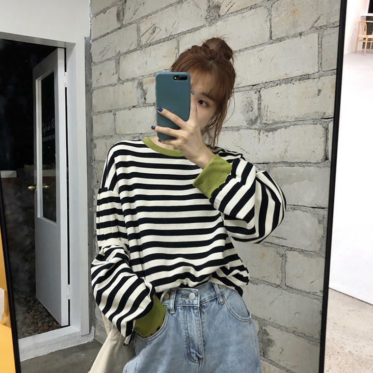 送料無料 アクセントカラーがおしゃれ カジュアル ボーダー スウェット カットソー トップス プルオーバー Lamitte Deco トレンド 韓国ファッション ショップ