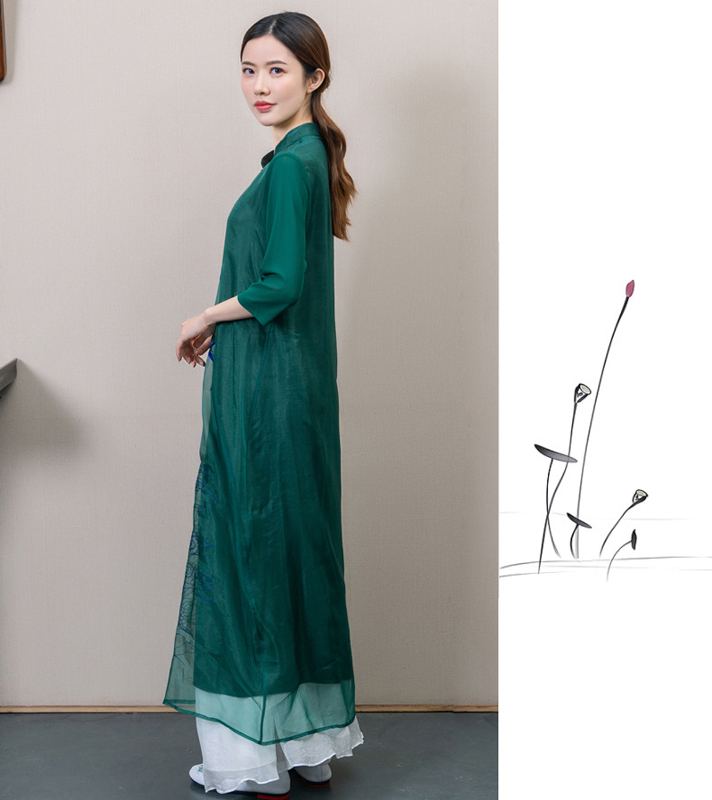 チャイナ風ワンピース 改良唐装 改良漢服 チャイナ風服 改良型チャイナドレス 女子会 同窓会 合わせやすい スタンドネック 九分袖 ロング丈 Xs S M L 普段着 民族風 ゆったり グリーン 緑 刺繍入り Elegant