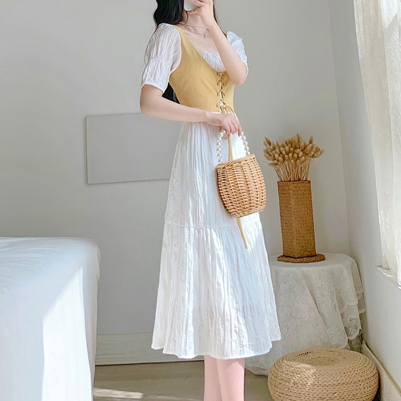 Nihuoシリーズ ワンピース スカート 半袖 ホワイト イエロー フランス風 夏 デート Elegant