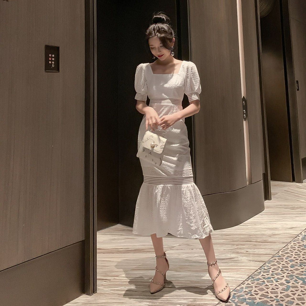 春夏 ドレス ロングドレス ワンピース 半袖 袖あり 無地 ホワイト フィッシュテール マーメイド パーティ 街角のカフェテラス