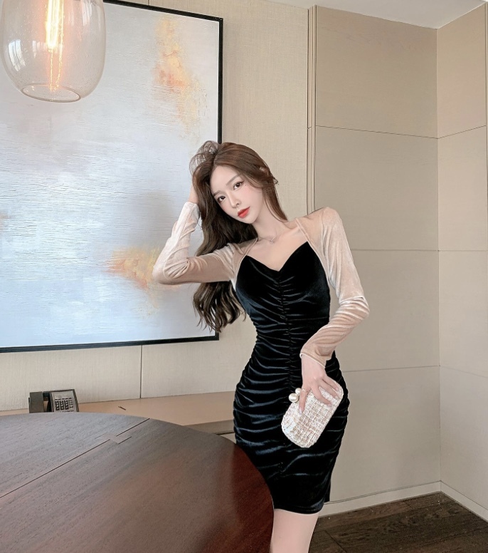 送料無料 ドレス ワンピース ミニドレス ショートドレス ベロア ベルベット セクシー デコルテ Vネック ハイウエスト 膝上 ヴィンテージ Sunnyssnappy