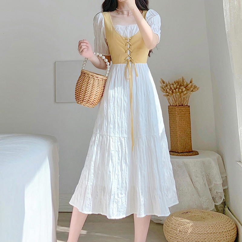 Nihuoシリーズ ワンピース スカート 半袖 ホワイト イエロー フランス風 夏 デート Elegant