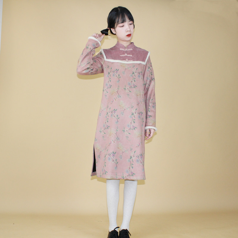 チャイナ風ワンピース 改良唐装 改良漢服 チャイナ風服 中華服 改良型チャイナドレス 普段着 女子会 同窓会 二次会 普段着 Xs S M L 民国風 厚て 可愛い ピンク Elegant