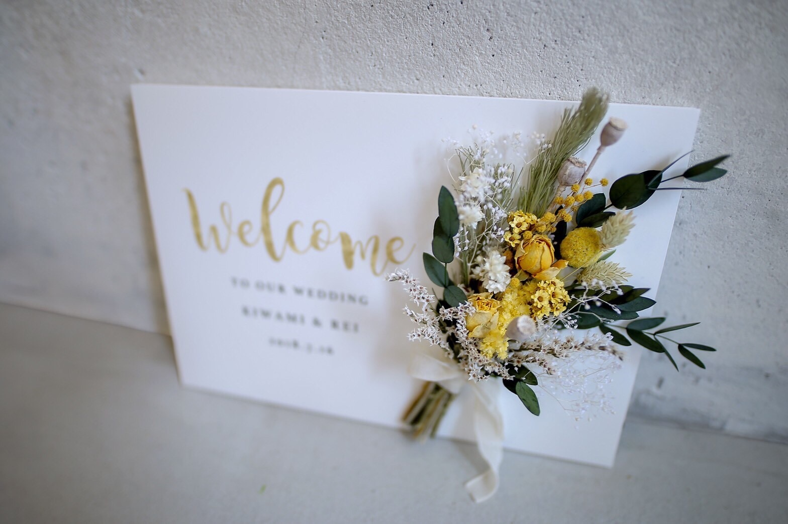 ゴールドロゴ スワッグブーケ付き 横型ウェルカムボード 花束 リース ウェディング Diy Store Pbw