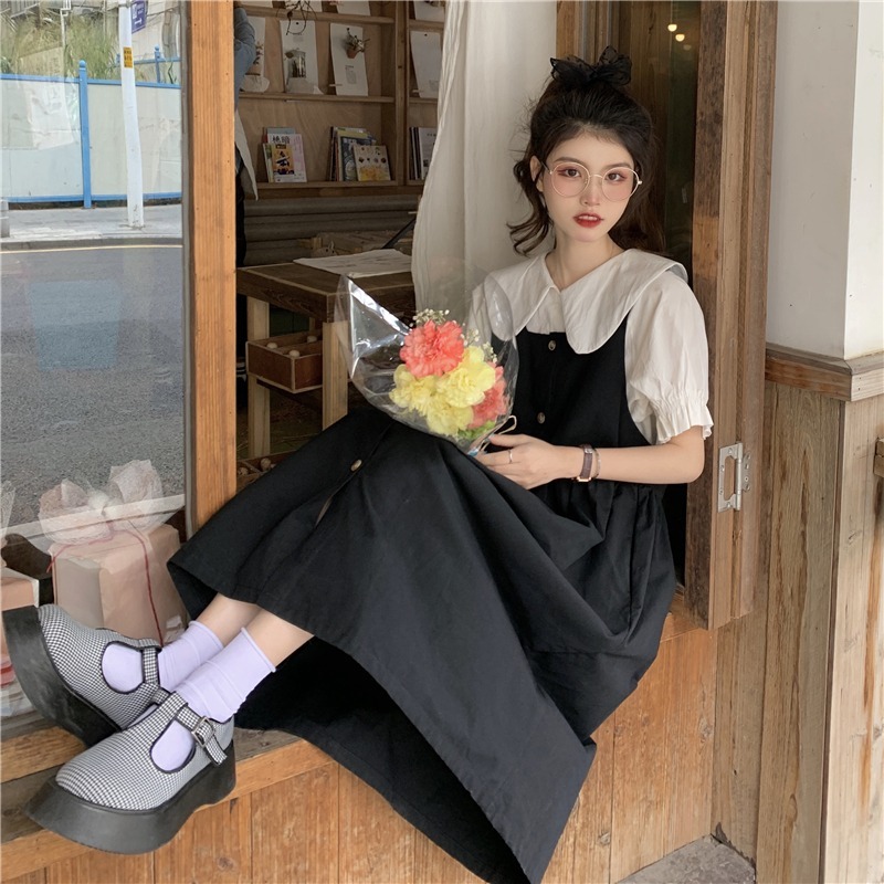 送料無料 ふわっと広がるaライン 大襟ブラウス ジャンパースカート ナチュラル 可愛い お洒落 ロング丈 Lamitte Deco トレンド 韓国ファッション ショップ