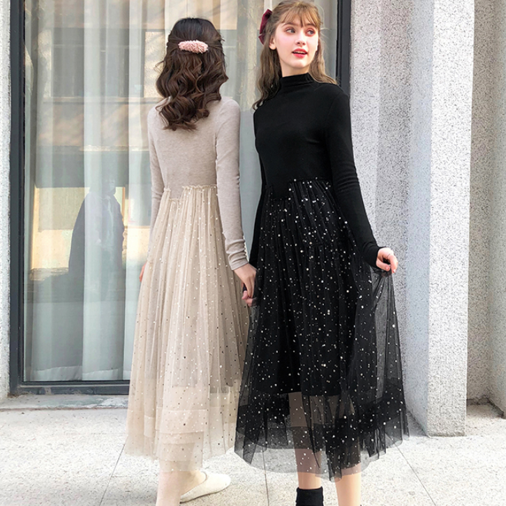 送料無料 キラキラ 月星スパンコールワンピース チュール重ね 透け感 シースルー 長袖 ハイネック ミモレ丈 ニット エレガント 上品 フェミニン オシャレ ラブリー キュート 春秋冬 カーキ ブラック 全2色 シティー デート お出かけ 女子会 お呼ばれ パーティー 二次会