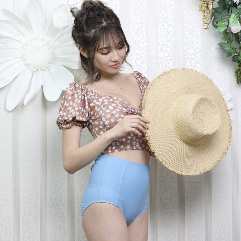 再入荷 残りわずか 即日発送 小花柄 パフスリーブ バイカラー ハイウエスト パンツ ブルー C0002 韓国レディースファッション通販 Bella ベラハート Select Import Shop