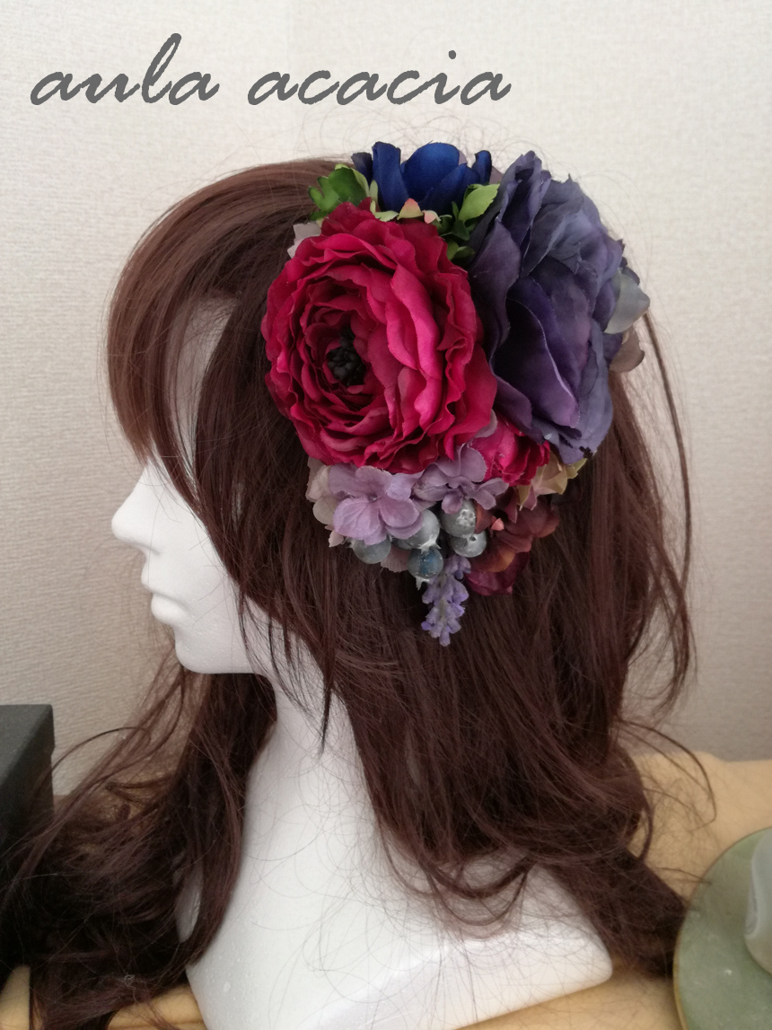 ベリーダンス 濃い青と赤紫の花飾り 髪飾り ヘッドドレス ベリーダンスショップ アラベスクアカシア