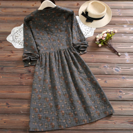 森ガール ワンピース 秋 春 ダークグレー 花柄 40代 50代 膝丈 長袖 Cinderella Story