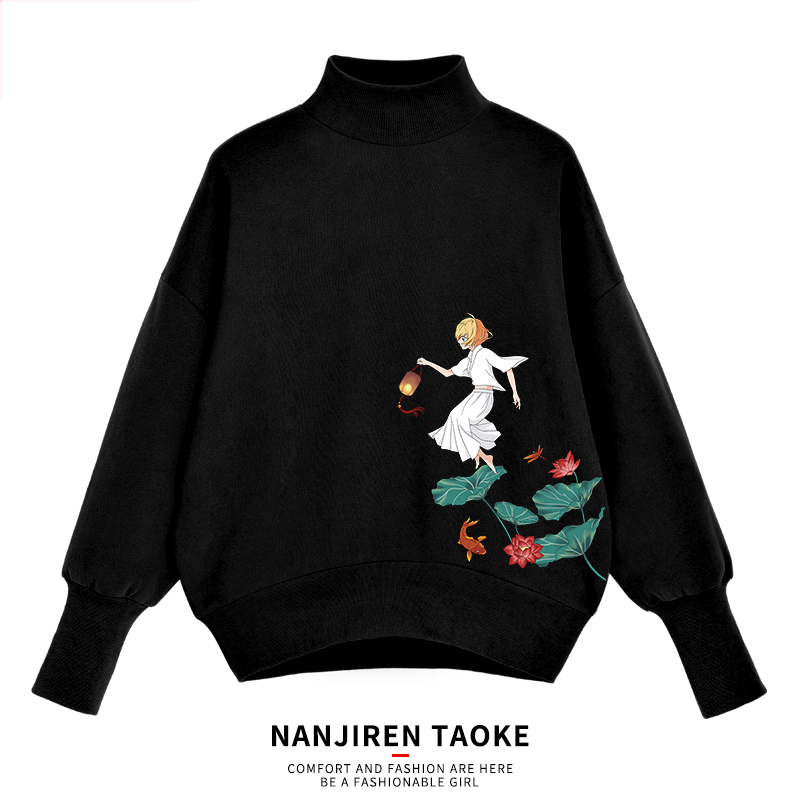 裏起毛 Tシャツ トップス カートゥーン ゆったり S M L Ll 厚さ 暖か ブラック 黒い ファション Elegant