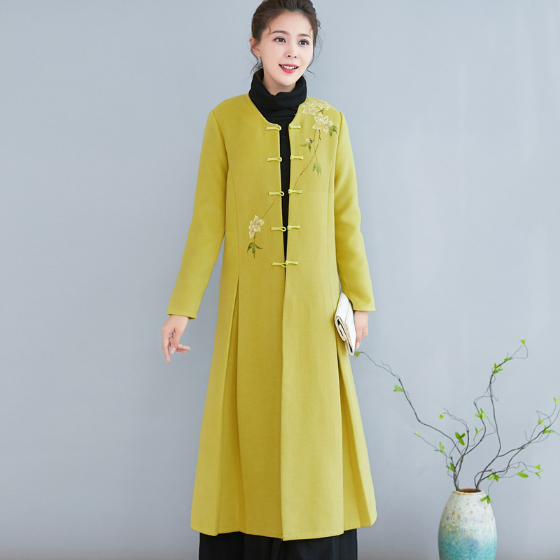 チャイナ風コート トレンチコート アウター チャイナボタン チャイナ風服 中華服 改良唐装 改良漢服 ワンピース チャイナドレス 民族風 S M L Ll 秋冬 ラシャ イエロー 黄色い Elegant