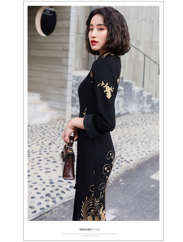 ロング丈チャイナドレス コーデュロイチャイナドレス チャイナ風ワンピース ロングドレス 長袖 大きいサイズ S M L Ll 3l チャイナ風服 二次会 厚て ブラック 黒い 気質アップ Elegant