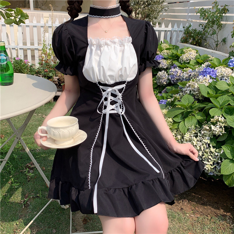 送料無料 フリル パフスリーブ パワショル チョーカー風 メイド メイド服 コスプレ 編み上げデザイン ハロウィン ロリ ロリータ ゴスロリ 病みかわ 病み可愛い モノトーン フリルワンピース ガーリー ロマンチック ｒ６２８ Rumina Select Shop