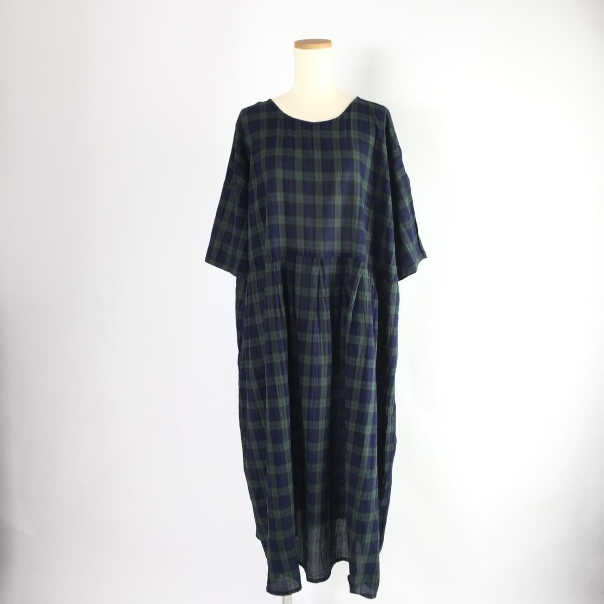 Ohana オハナ シャーリングボイルワイドタックワンピース ロング 半袖 タータンチェック 綿 フクル ファッションブランドユーズドセレクトショップ